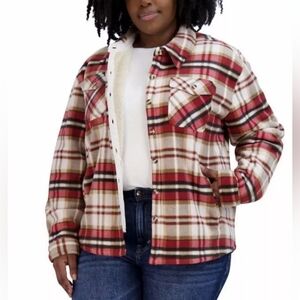 XXL Plaid Fleece Button Down Jacket w/Sherpa Lining & Chest & Front Side Pockets